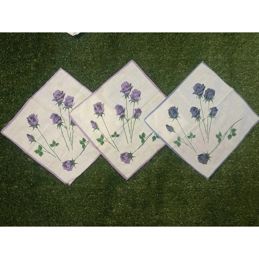Set‎ of 3 Vintage Floral Rose Handkerchiefs Lavender Blue Cotton Cottagecore